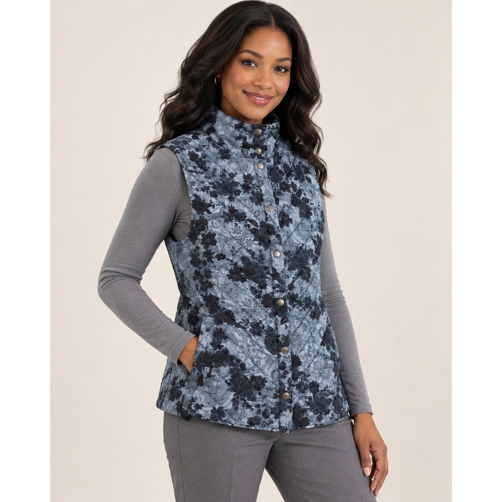 J. Jill Women's Blue Floral Paisley Quilted Puffer Vest Mock Neck L NWT